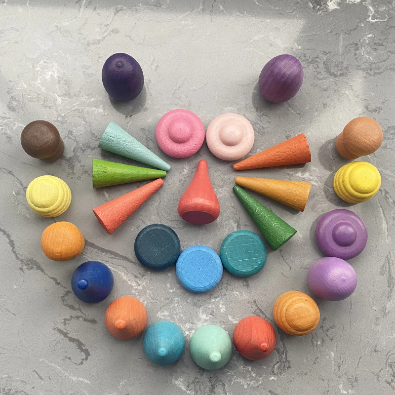 27pcs Creative Wooden Rainbow Blocks Mushrooms Honeycomb Droplets Tree Cones for Children Kids Natural Toys Gifts | Игрушки и хобби