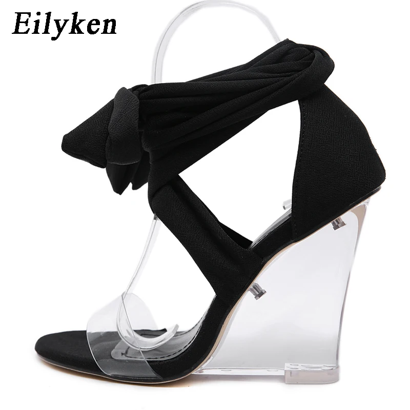 Black EilyKen/женские босоножки черного цвета размера плюс 35-41 летние женские Босоножки с открытым носком на прозрачной танкетке из ПВХ на высоком каблуке со шнуровкой на лодыжке - Цвет: Black