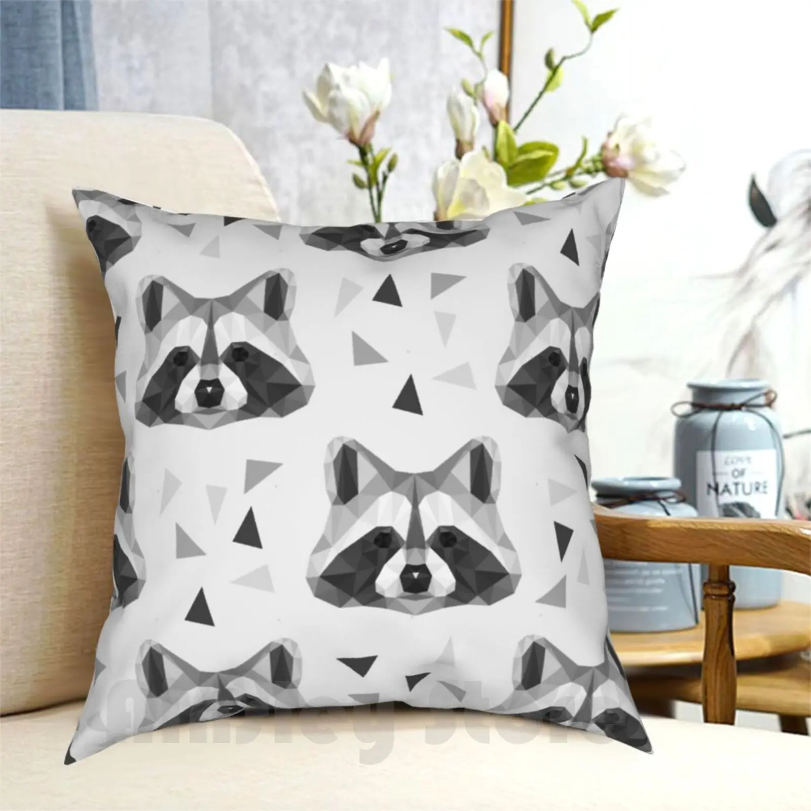 

Polygonal Raccoon Pillow Case Printed Home Soft Throw Pillow Graphic Mammal Nature Wild Cartoon Wildlife Animal Seamless