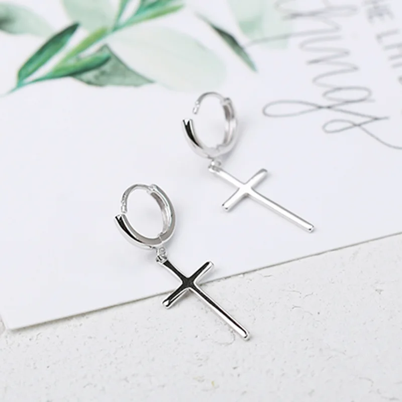 Модного серебристого цвета крест висячие серьги модные маленькие кольца для