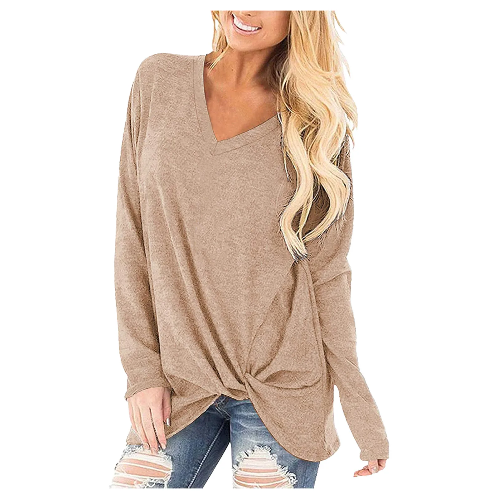 

V-образный вырез Женская однотонная Цвет рубашки шить узлом не с открытыми плечами с v-вырезом и длинным рукавом, блузка размера плюс одежда ...