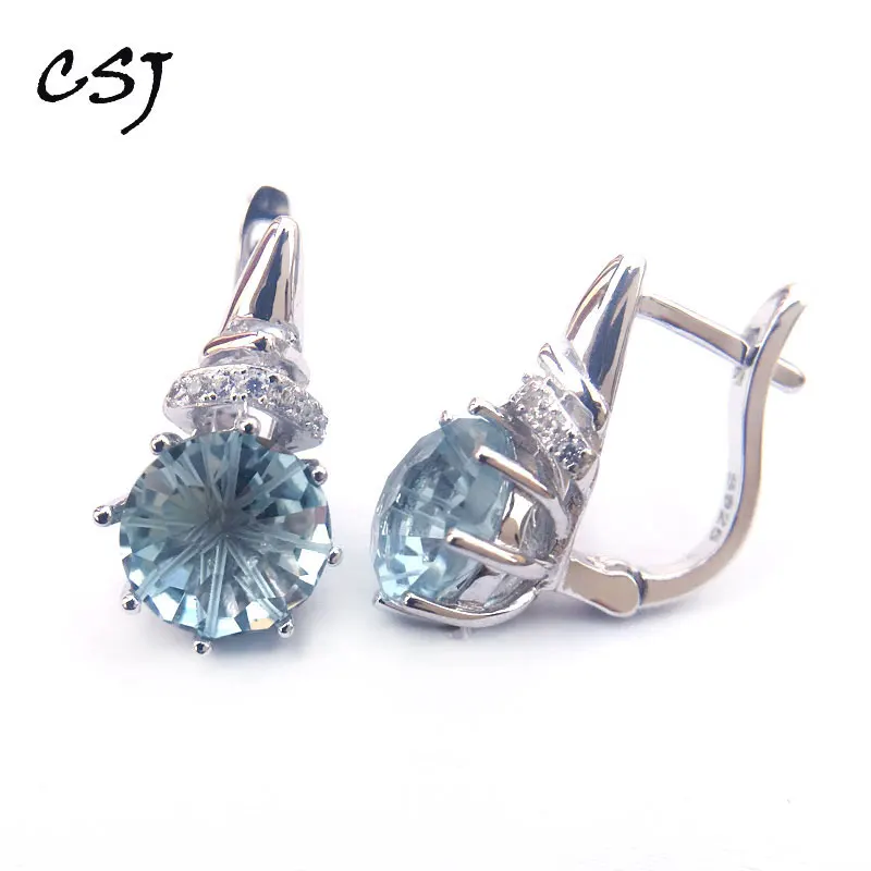 

CSJ Blue topaz quartz gemstone noble good Earring Sterling 925 Silver Round8.0 4Ct football cut Fine Jewelry For Women Lady Gift