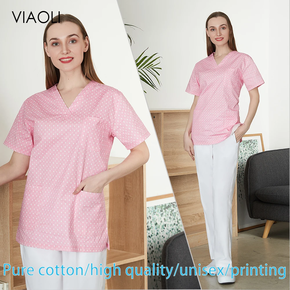 

Pink tooth print clinic dentist medical uniform hospital stomatology nurse work pure cotton v-neck suit high quality wholesale