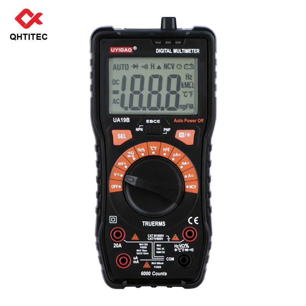 

QHTITEC TM-UA19B Digital Multimeter Auto Range Tester Meter 6000 Counts True RMS AC DC Ammeter LCD Display Multimetro Test Wire