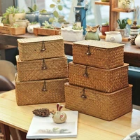 rattan storage box with lid hand woven jewelry box wicker makeup organizer food container storage boxes caja mimbre