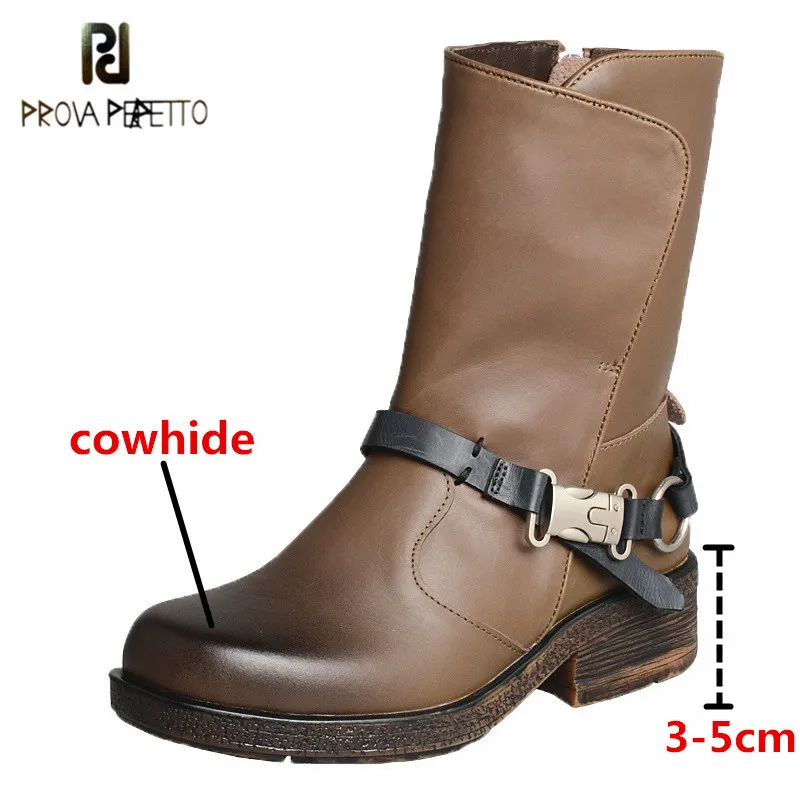 

Prova Perfetto Genuine Leather Retro Women's Mid-calf Boots Mixed Colors Metal Decoration Buckle Strap Wearproof Motorcycle Boot