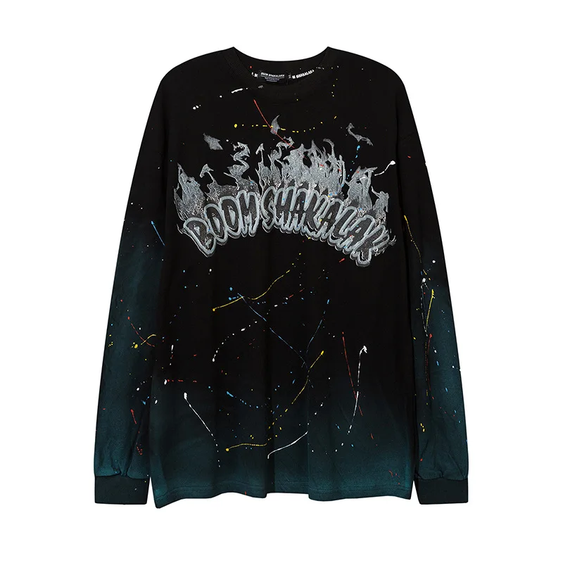 

National Tide Street Flame Letter Printing Long-sleeved Men's Trendy Brand Hip-hop Personality Trend Gradient Ink Top