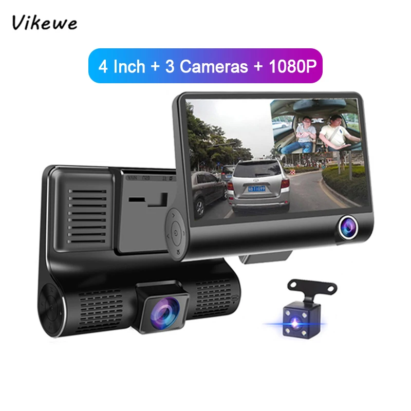 Vikewe 4 0 дюймовый Full HD 1080P Автомобильный видеорегистратор 3 камеры двойной объектив
