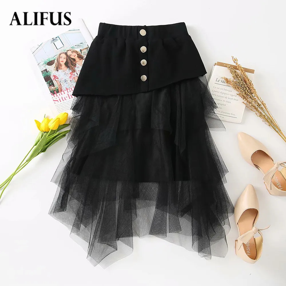 

Za 2020 summer women's skirt new fashion casual girl wind net yarn tutu skirt is thin black mid-length knitted skirt