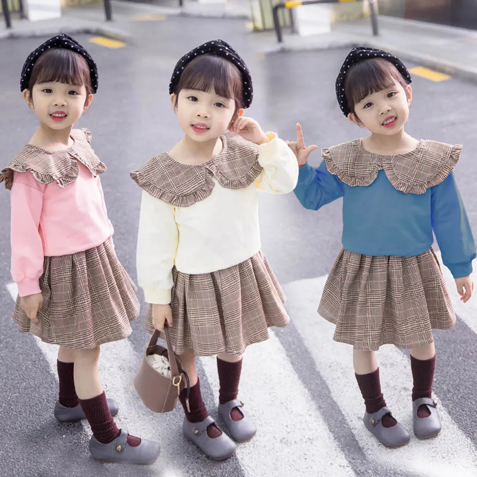 Girls Clothes Plaid Skirt + Sweatshirt Suits For Peter Pan Collar Set Autumn Fashion Suit Baby | Детская одежда и обувь