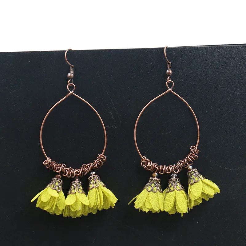 

Fashion retro water drop earrings fabric flower earrings Super immortal tassel eardrops women's accessories