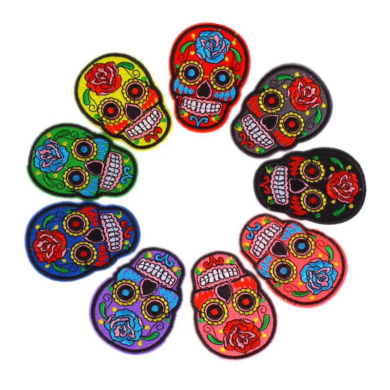 

9Pcs Punk Skull Embroidery Patches Flower Rose Skeleton Iron On Biker Patches Clothes Stickers Applique