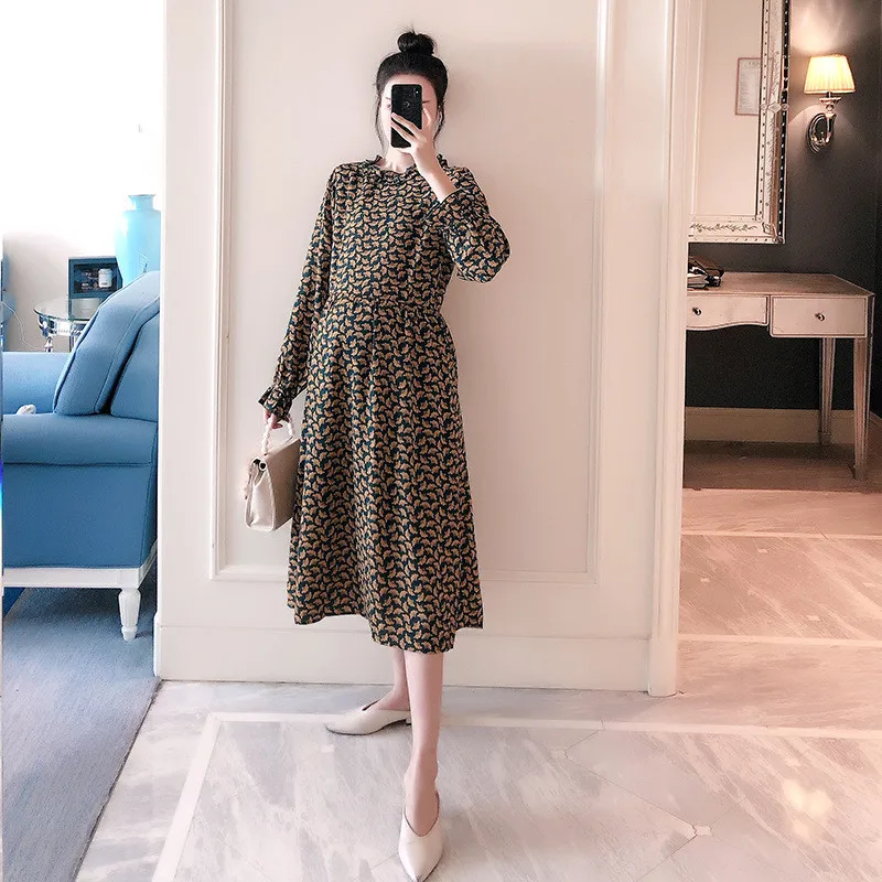

Black Blue Printed Chiffon Maternity Dress 2020 Autumn Spring Fashion Clothes for Pregnant Women Loose Pregnancy Party Dress