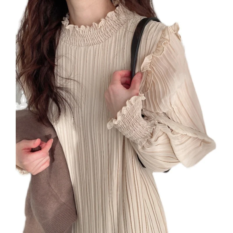 

Korean Chic Spring French Minority Wooden Ear round Neck Pleated Loose Long Straight Long Sleeve Pleated Dress