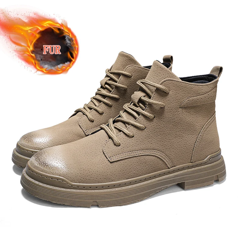 Настоящие новые Брендовые мужские ботинки; Martens; теплая зимняя обувь; мужские мотоциклетные ботильоны; doc martins; сезон осень-зима; мужские оксфорды - Цвет: KHAKI For Fur