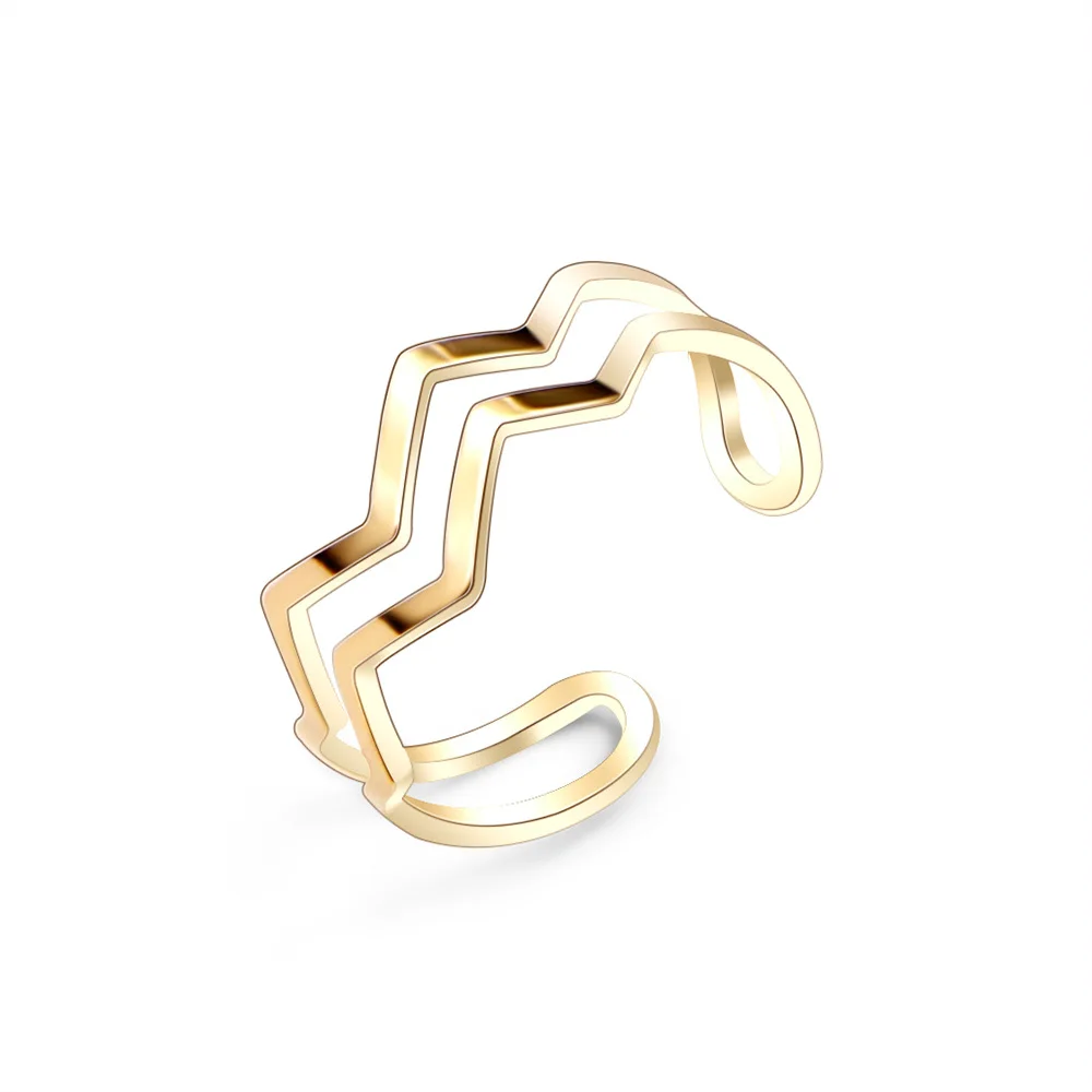 

Simple Personalized Fashion Wave Pattern Dual Layer Open-end Ring Little Finger Ring Titanium Steel Plated 18k Gold