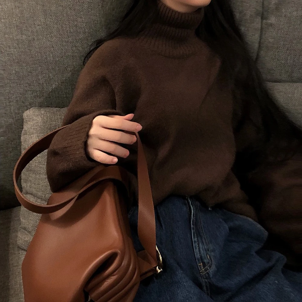 2019 Ins Winter New Arrival Women's Pullovers Solid Sweater Fashion Turtleneck Full Sleeve Loose Casual Knitted C90308K | Женская