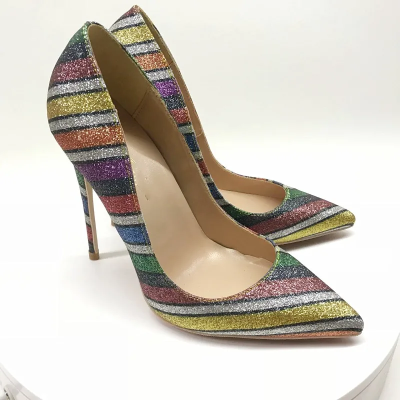 

2021 High heels, stripes Sequins new patent leather heels 8cm 10cm 12cm iconic fashion color soft leather shoes wedding dress