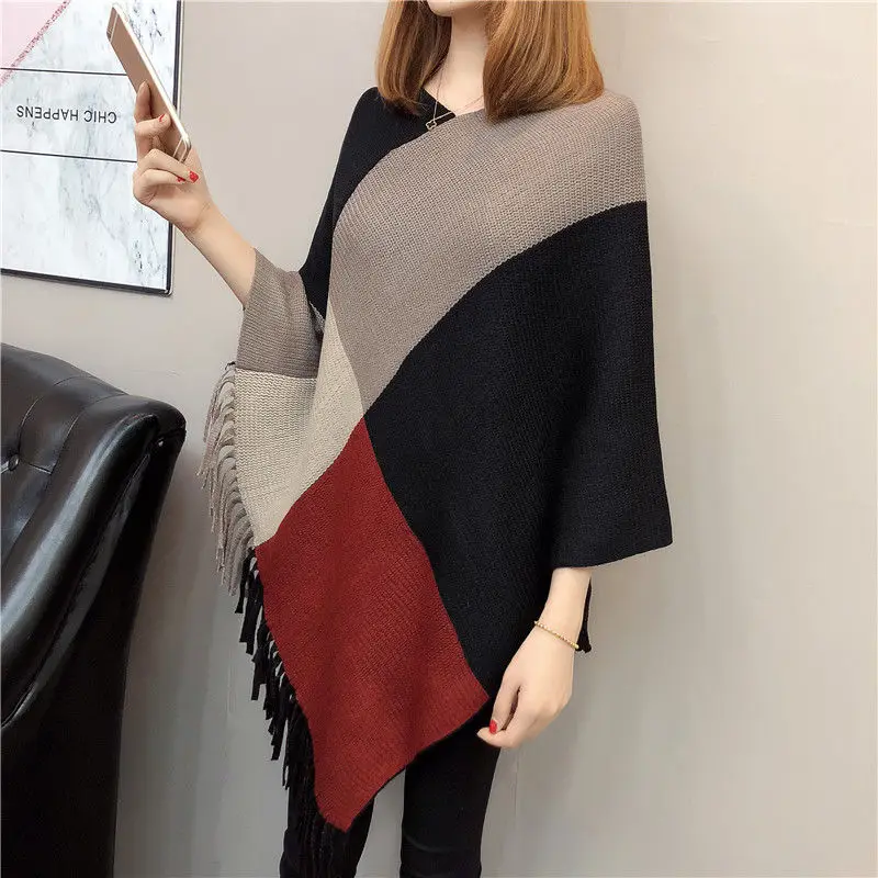 

Fringed Knitted Mid-length Sweater Poncho Women Plus Size Loose Bat-type Lazy Wind Hooded Cape Sweater Poncho Female Spring 2020