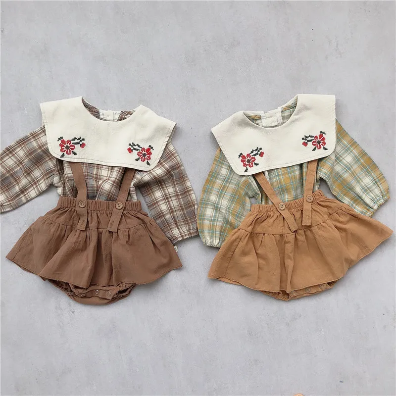 

MILANCEL 2021 Summer Baby Clothes Plaid Cotton Tops and Solid Suspendrs Bloomer Turn-down Collar Tees 2Pcs Sets