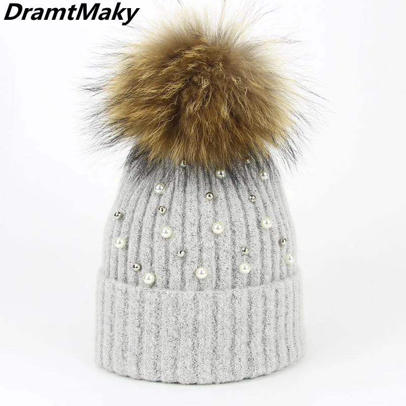 

New Pearl Wool Beanies Women Real Natural Fur pompoms Fashion Pearl Knitted Hat Girls Female Beanie Cap Pompom Winter Hat Women