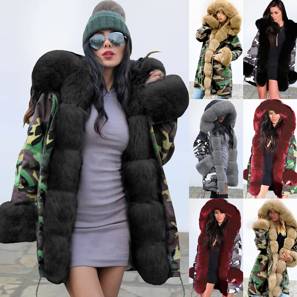 Winter Women Long Cotton Coat 2021 Plus Velvet Warm Thick Outwear Jacket  Fur Collar Coats Winter Casual Camouflage Print Parkas