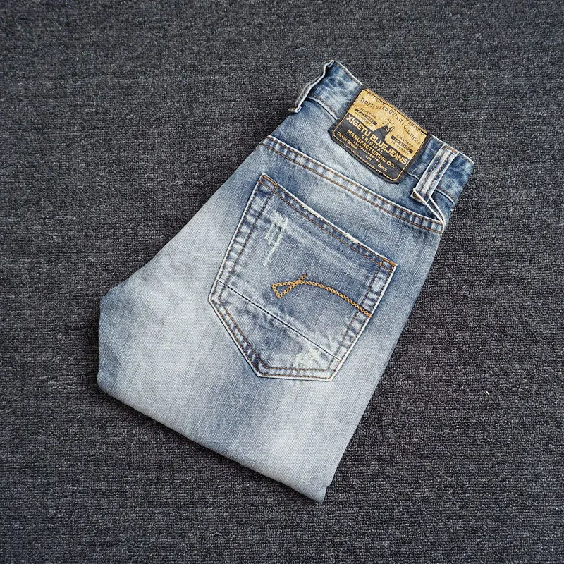 Korean Style Fashion Men Jeans Retro Light Blue Slim Fit Ripped Jeans Men Embroidery Designer European Street Denim Punk Pants