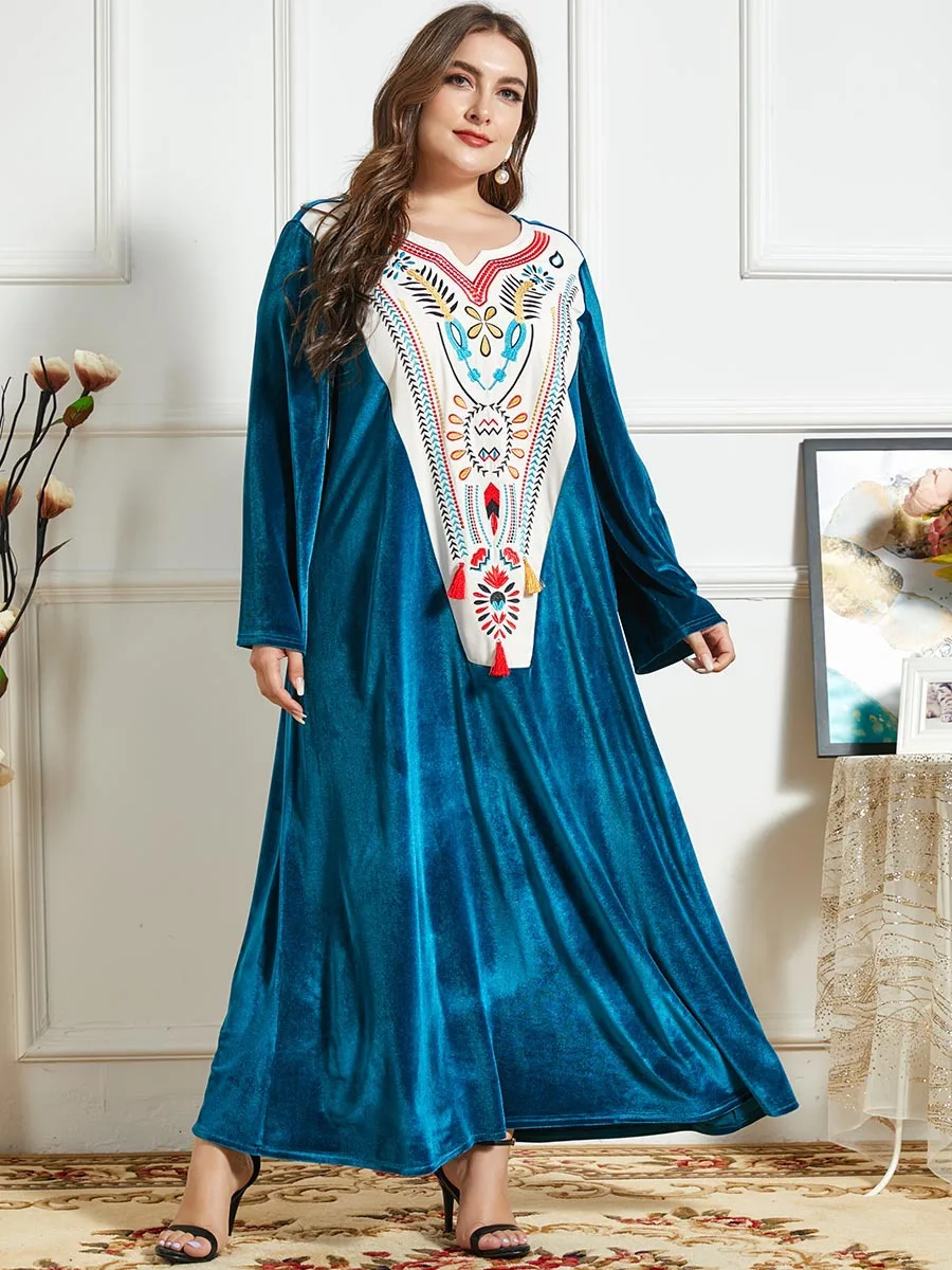 

Hui Nationality Ramadan Middle East Plus Size Women's Clothing Dubai Fashion And Comfortable Embroidery Long-sleeved Velvet Cont