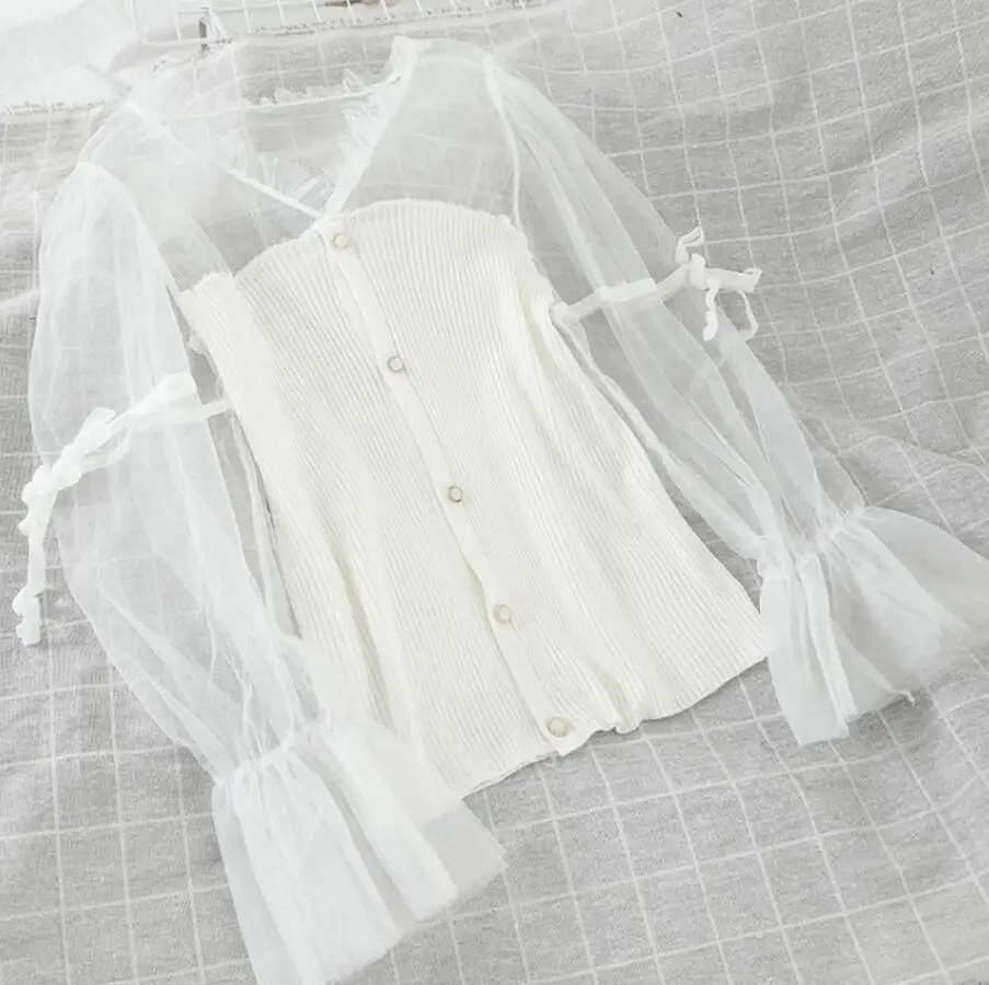 

Retro Lace Patch Knit Blouse Women V Neck Puff Long Sleeve Pullover Blusas Autumn Spring Slim Button Design Shirt Women 2020