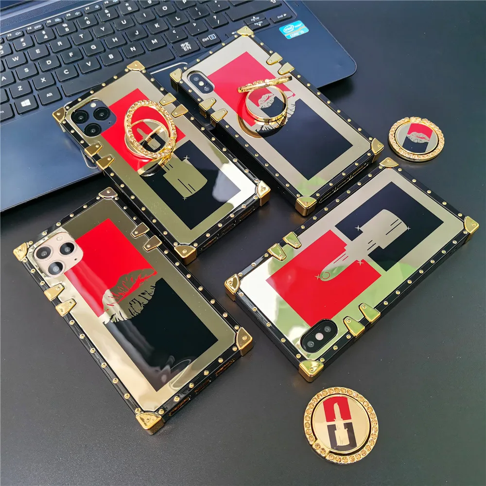 Чехол с красными губами для iPhone 13 PRO MAX 11 12 X XS золотистый квадратный зеркальный