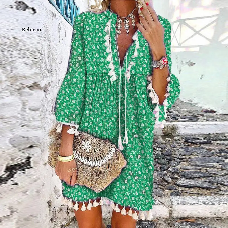 

Summer Vintage Women Elegant V-Neck Drawstring Tassel Design Party Dress Print 3/4 Sleeve A-Line Dresses Lady Casual Dress