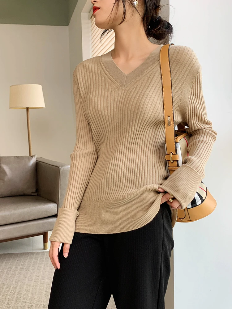 Women Pullovers Wool knitted Sweaters V neck pullover Fall Winter Bottoming knit Natural Silk Basic Sweater