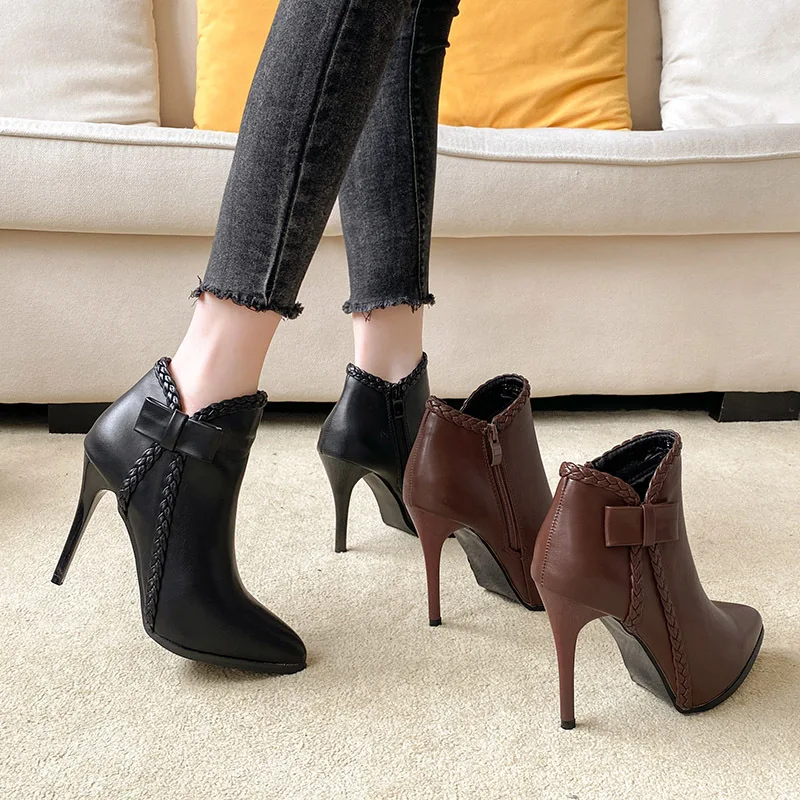 

Ankle Boots Women Super High Heels Winter Plush Shoes Pointed Toe Bowtie Botines Mujer Knit Stiletto Heels Booties On Pumps