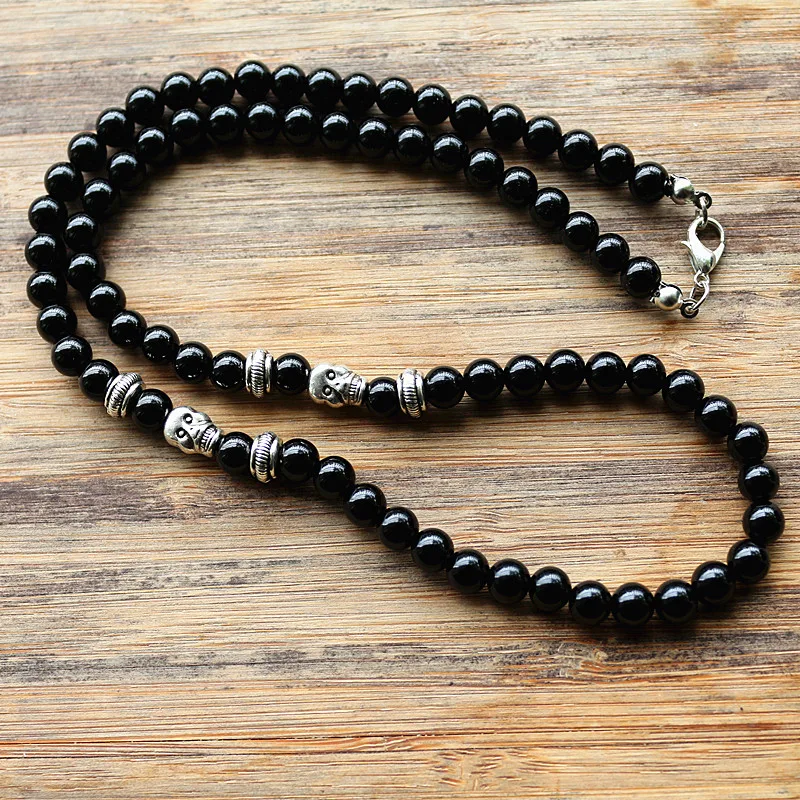 

Mens Tribal Style Necklace with 6mm stone beads skull charm necklace fashion