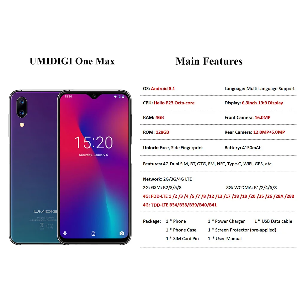 Универсальная версия UMIDIGI One Max 4 Гб 6 3 ГБ 4150 дюйма полноэкранная Двойная камера мАч