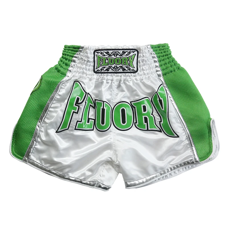 White and green Детские шорты fluory Muay Thai с вышивкой, накладные кикбоксерские шорты - Цвет: White and green