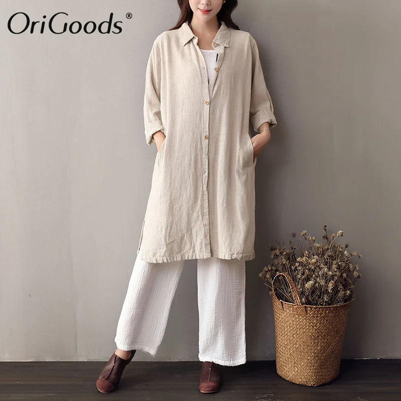 Оригинальная льняная рубашка OriGoods Женская винтажная длинная блузка с длинным