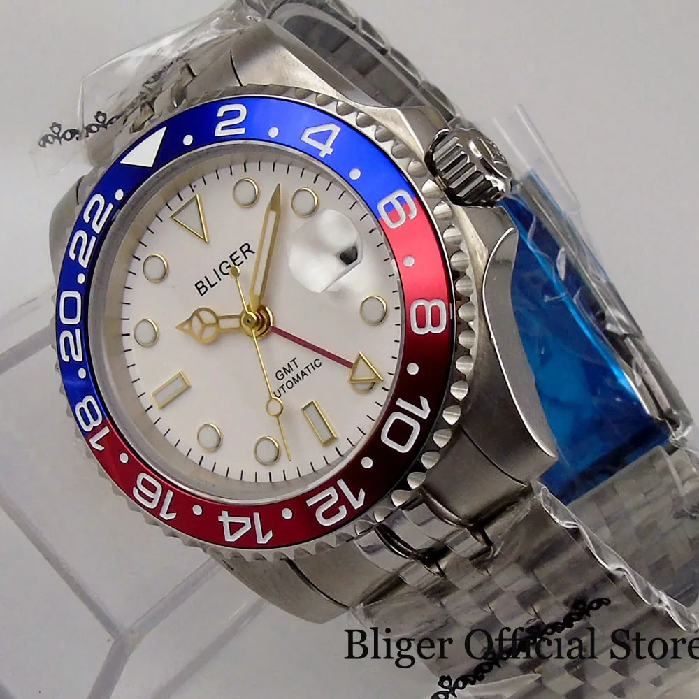 

Наручные часы марки BLIGER GMT механический механизм позолоченный Юбилейный ремешок сапфировый Кристалл синяя красная вставка