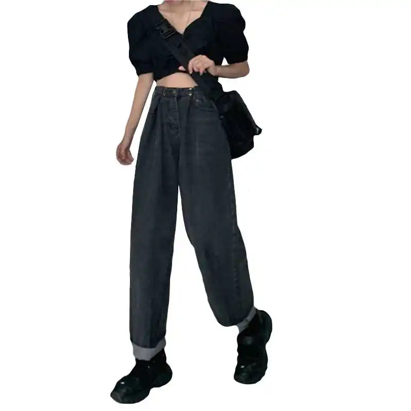 

Smoky Gray High Waist Jeans for Women 2020 New Straight Loose Slimming Japanese Style Small Wide Leg Daddy Pants Trendy