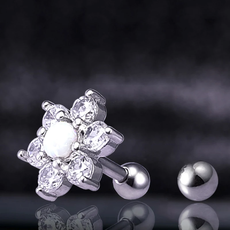

1PC Flower Opal Cartilage Earring Stud Helix Elegant Zircon Ear Tragus Ring Piercing Fashion for Woman Body Jewelry Gifts 16G