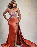 2022 plus size arabic aso ebi orange one shoulder prom dresses lace beaded high split evening formal party second reception gown