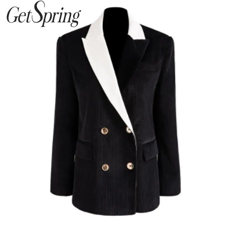 Женский вельветовый пиджак GETSPRING двубортный черного цвета черный 2019|Женские