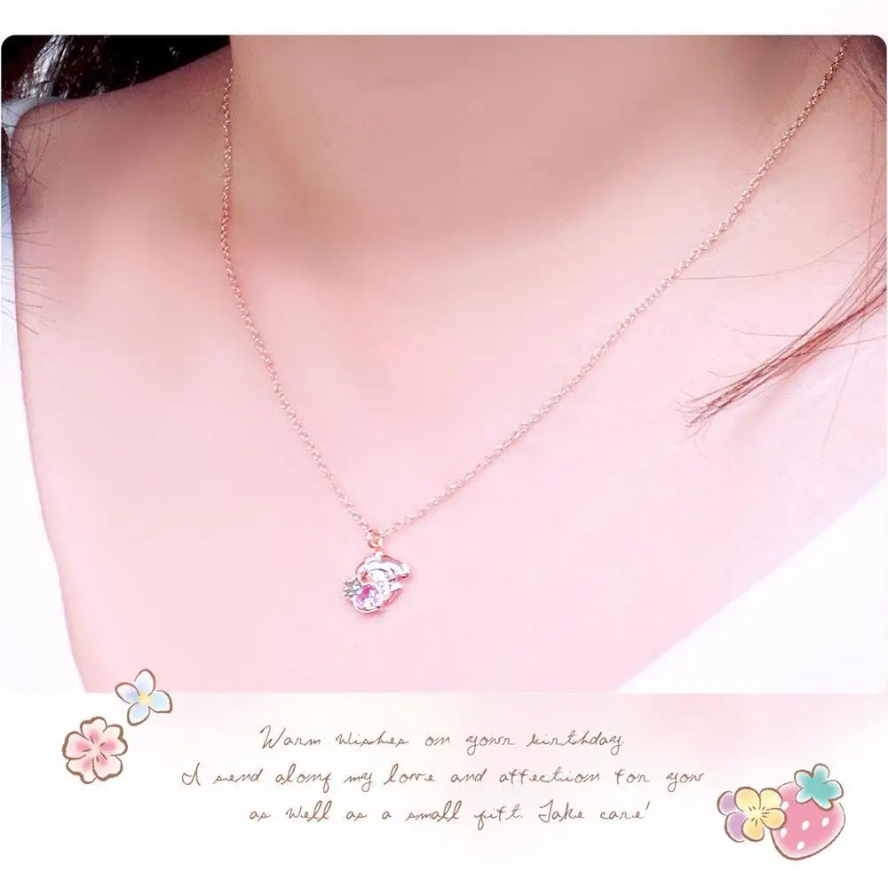 

Melody Mymelody Strawberry Bright Crystal 925 Sterling Silver Necklace Rose Gold
