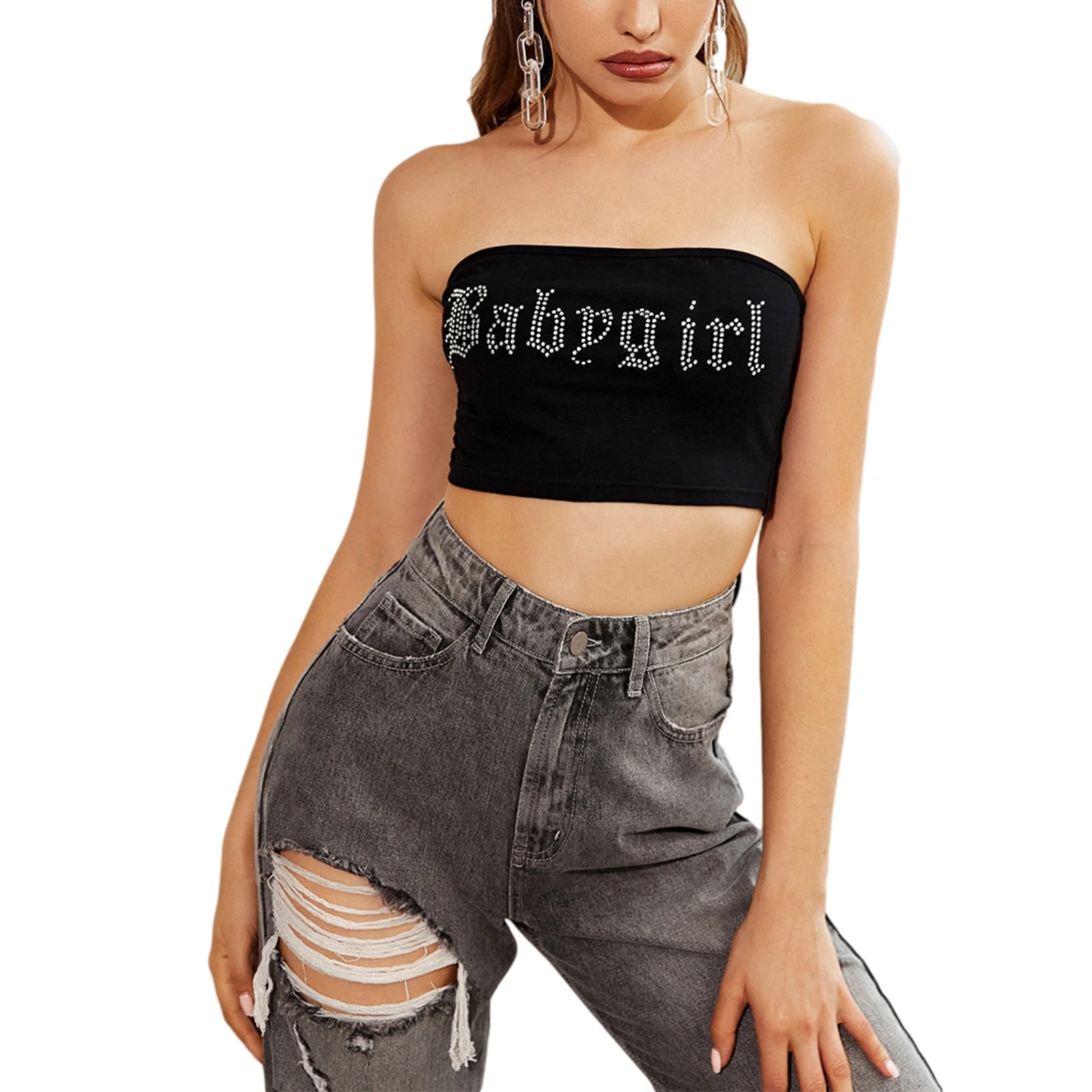 

Women's Sexy Off Shoulder Camis Vest Diamond Lettering Stretchy Chest Wrap Tube Tops 1 Piece Garment for Female