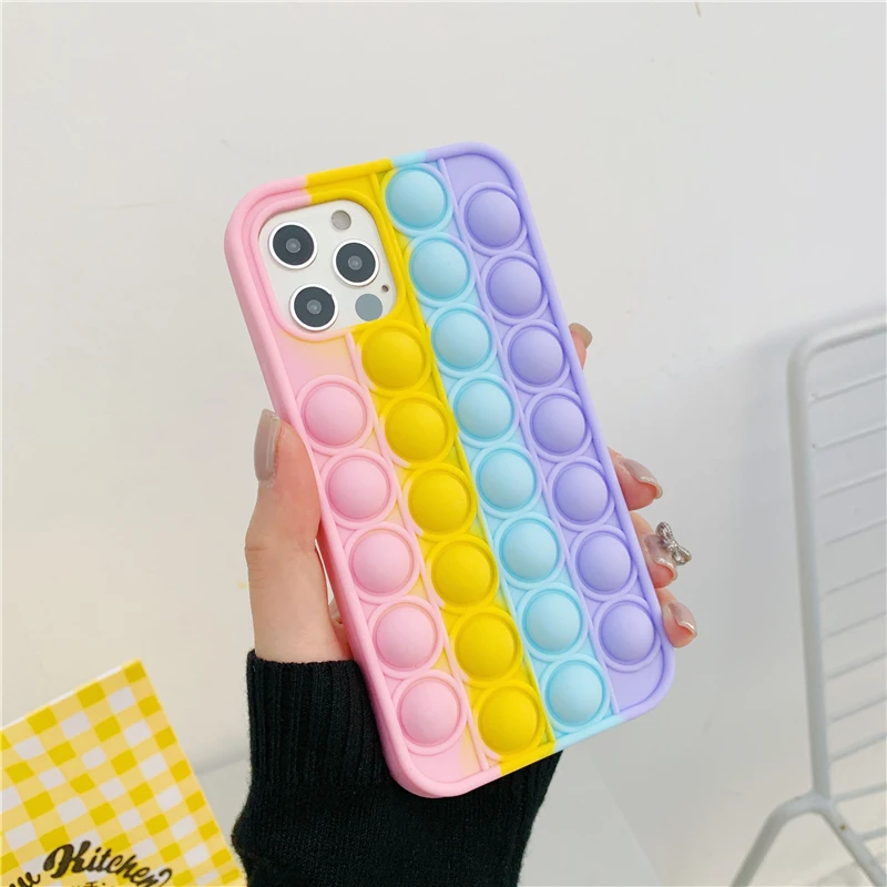 pop fidget toys push bubble phone case for infinix hot 7 10 play 10i note 8 10 reliver stress soft silicone rainbow beans cover free global shipping