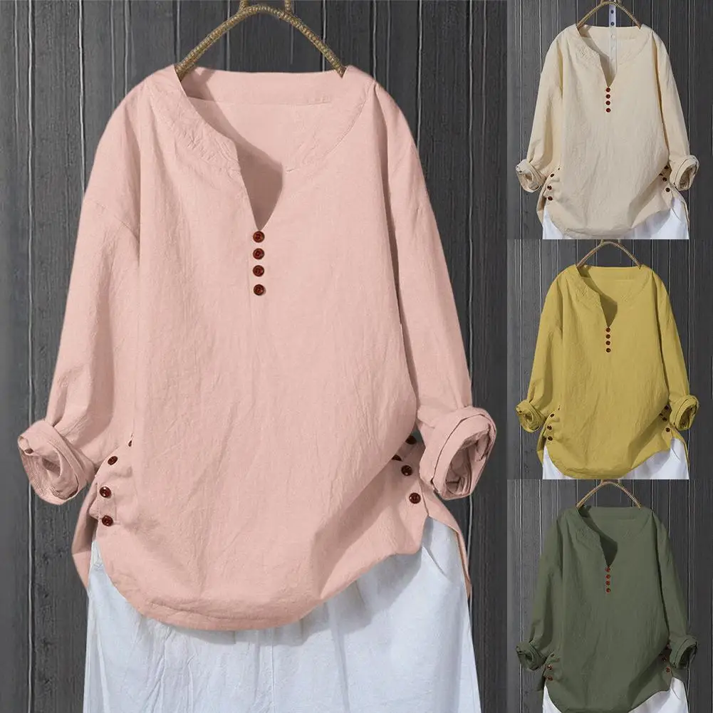 Женская однотонная льняная футболка размера плюс с v-образным вырезом и длинными