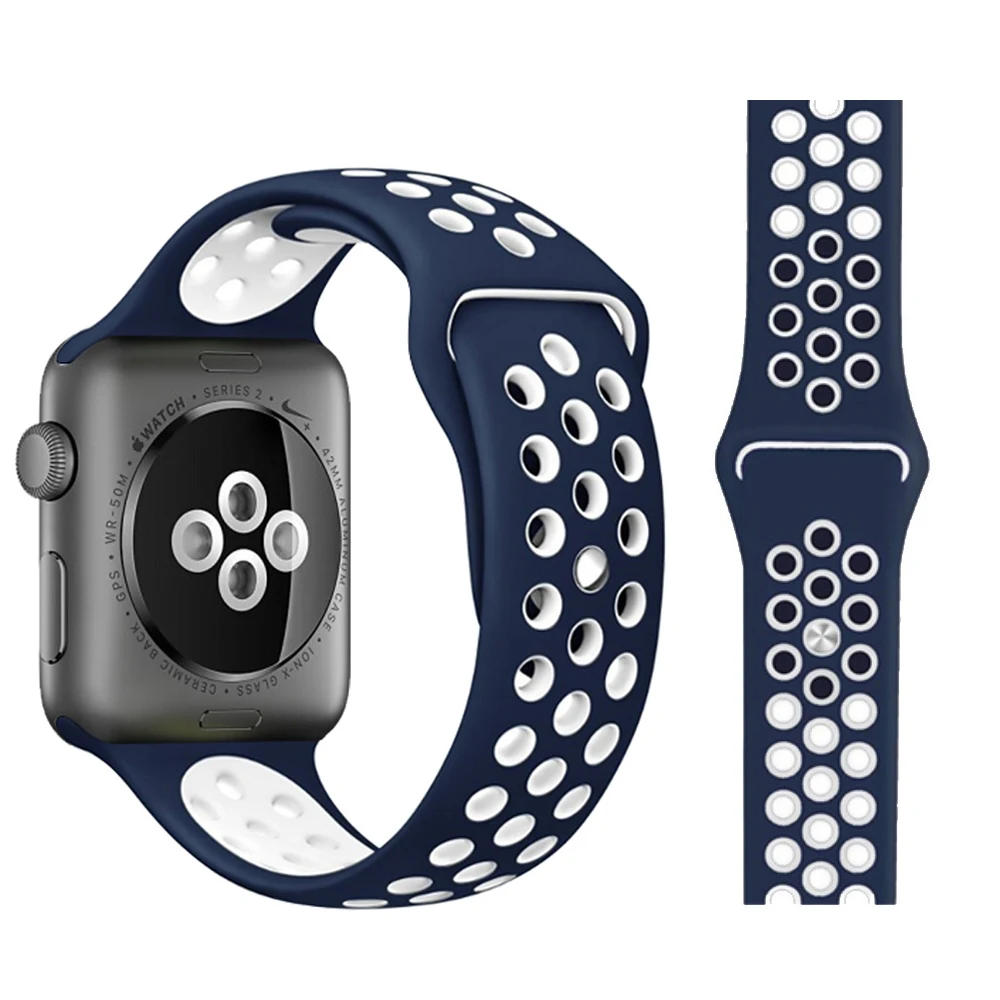 Модный спортивный силиконовый ремешок для часов apple watch 42 мм, 38 мм, 40 мм, 44 мм, браслет Nike+ Iwatch series 5/4/3/2/1 - Цвет ремешка: Dark blue with white