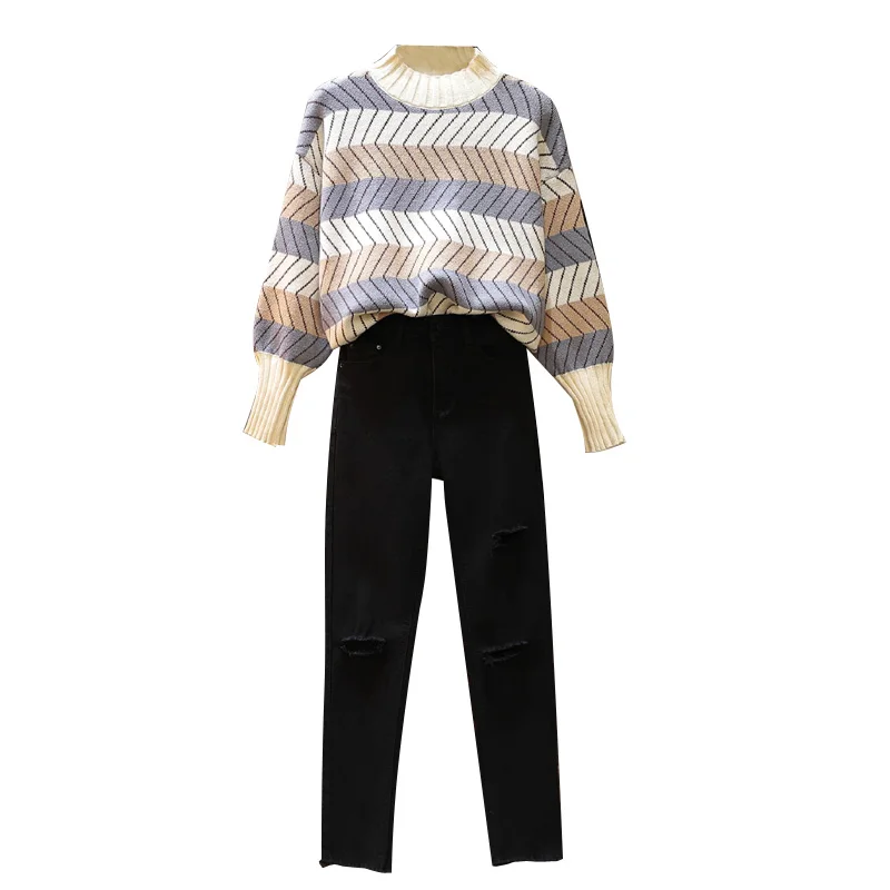 

New Large Size Ladies' Fashion Sweater Jeans Stripe Pullover Sweater Denim Trousers Women 2 Pcs Clothing Set Knitwear Casual