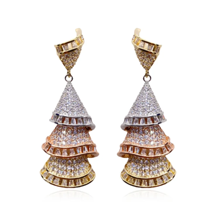 

Women Retro temperament multilayer fan-shaped tassel earrings luxury zircon crystal fairy earrings