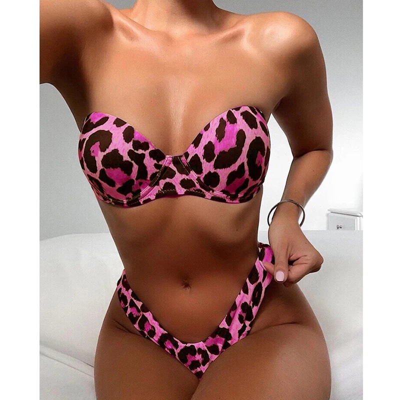 Purple Leopard Сексуальный купальник бикини с открытыми плечами, женский купальник, комплект бикини с пуш-ап, Бразильский купальный костюм, пляжная одежда, купальник для женщин - Цвет: Purple Leopard